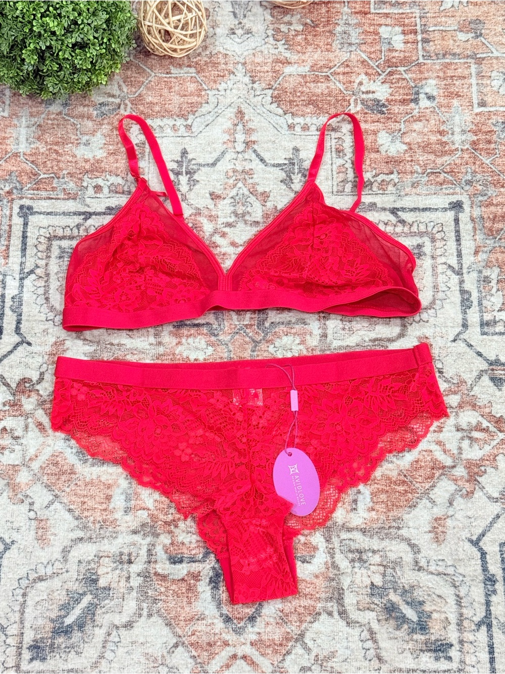 Red Lace Bralette & Bikini Set - Unbranded